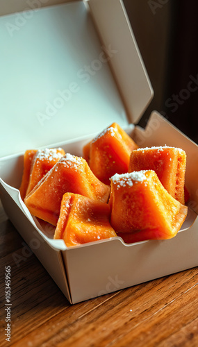 box of pastry desserts with orange filling crispy flaky texture food photography vertical format photo