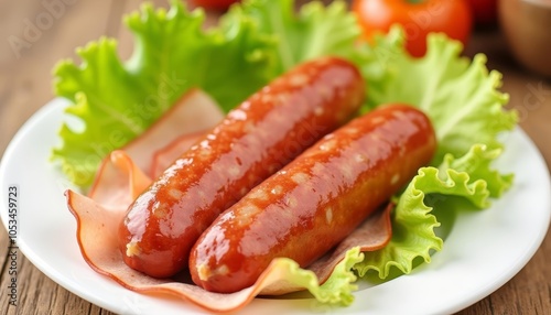 Tableau sur toile Deliciously grilled sausages on a bed of fresh greens