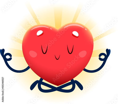 Cartoon cheerful heart character sitting in yoga pose. Isolated vector Valentines day love personage meditates, sitting in lotus yoga asana with calm and tranquil face expression, training for health