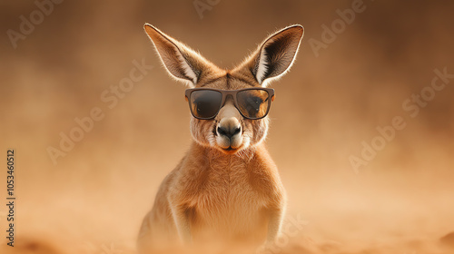 A stylish kangaroo wearing sunglasses against a soft, sandy background, showcasing a fun and playful vibe. photo