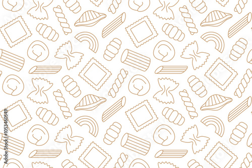 seamless pattern with different pasta types: penne; ravioli; farfalle; fusilli, conchiglie, rigatoni, gnocchi, tortellini- vector illustration