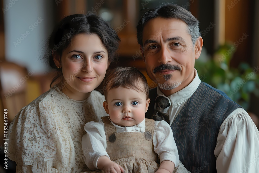 Portrait of a family, they have dark hair and blue eyes in period from early 20th century. Portrait of a family, they have dark hair and blue eyes in period from early 20th century.