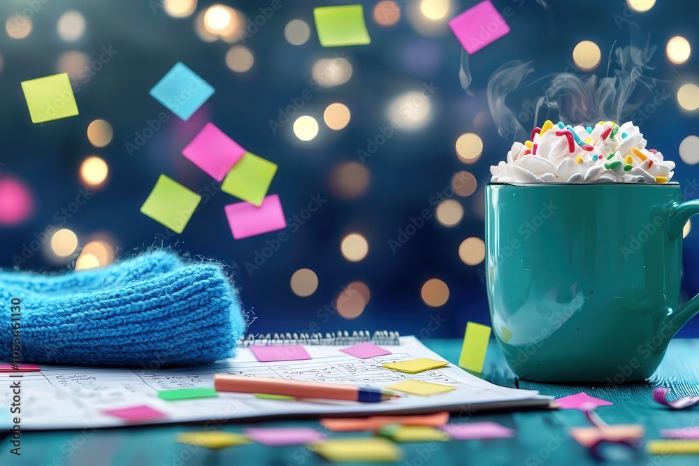 Fototapeta premium Warm and Cozy Moments A Delightful Cup of Hot Chocolate Surrounded by Colorful Notes