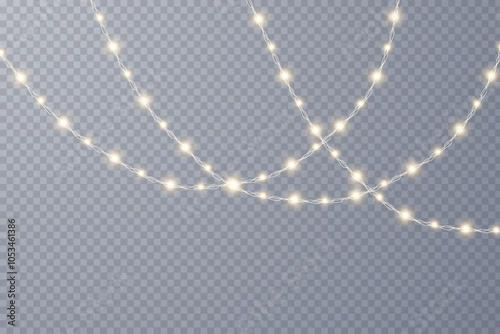 Christmas lights isolated on checkered vector background. Set of Christmas glowing garlands. For advertising invitations, web banners, postcards. Vector