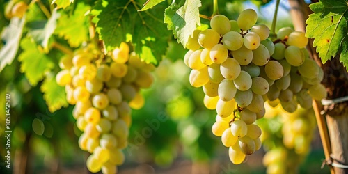 Two large bunches of white grapes on a branch, blurred background.