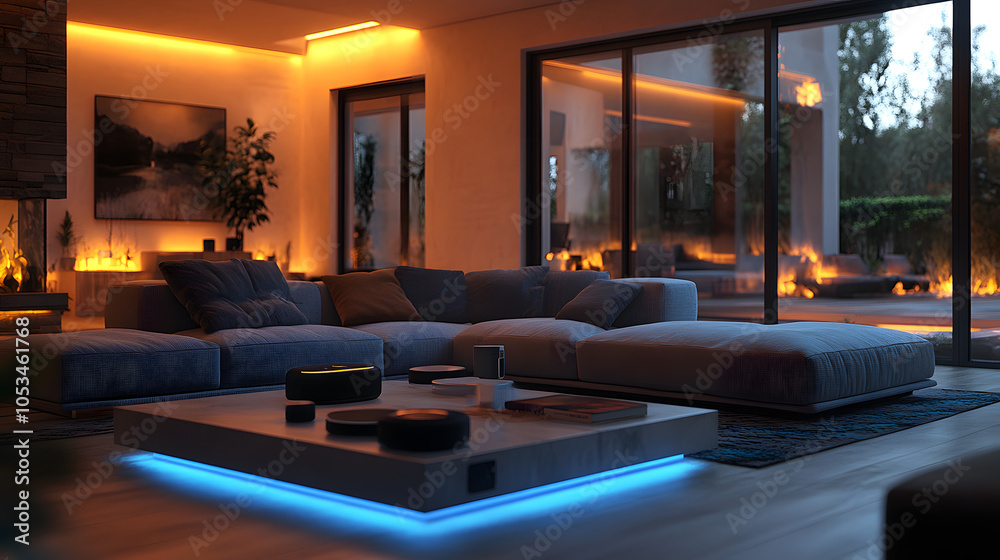 A Living Room with Smart Lights, Speakers, and an AI Assistant Displaying a Seamless Smart Home Ecosystem for Modern Living and Automation Convenience
A Living Room with Smart Lights, Speakers, and an AI Assistant Displaying a Seamless Smart Home Ecosystem for Modern Living and Automation Convenience