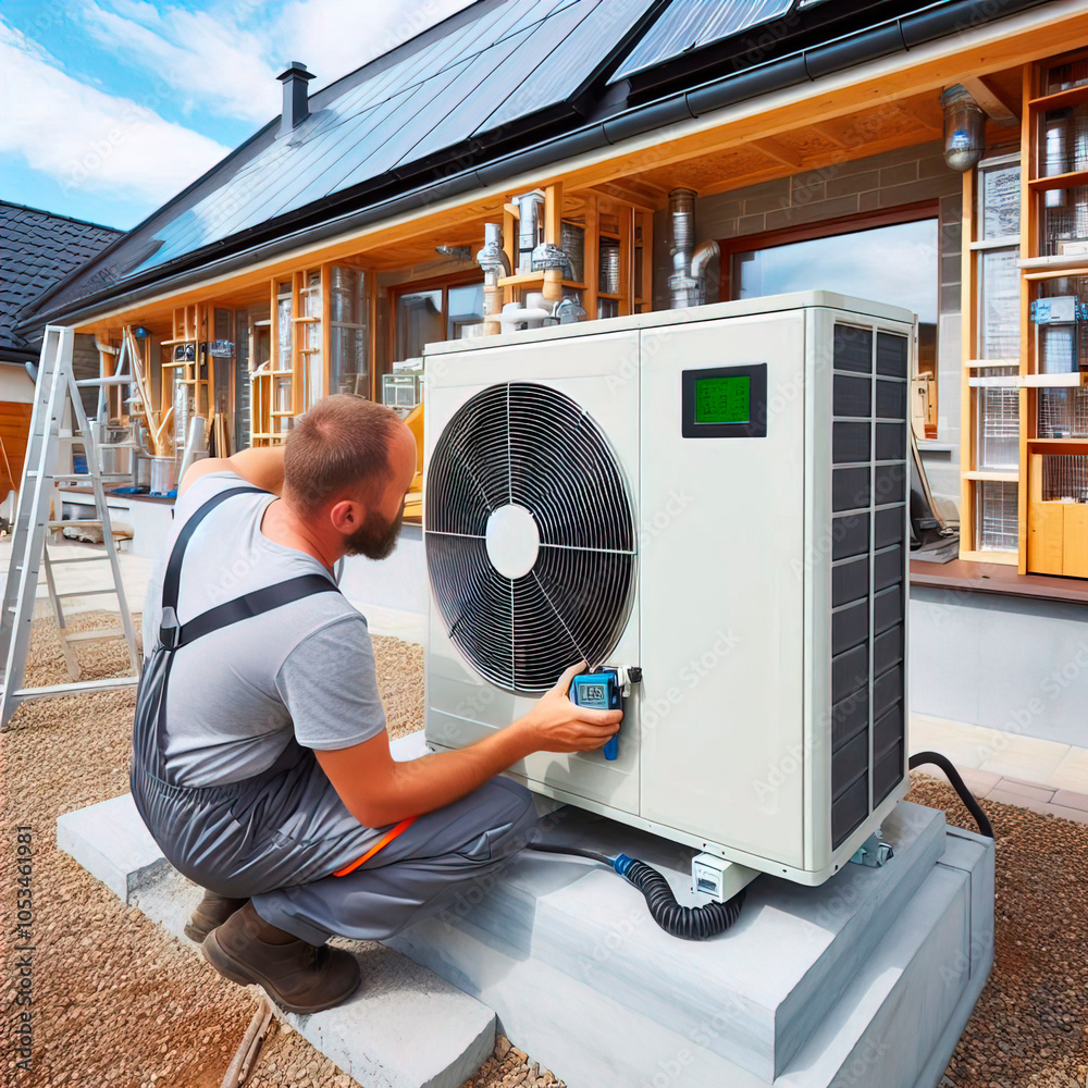 An air source heat pump heating unit installed on the outside of a house by an engineer