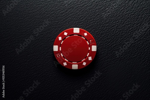 A minimalist flat lay of a single red casino chip on a black background, highlighting the simplicity and significance of the chip in a game of chance. photo