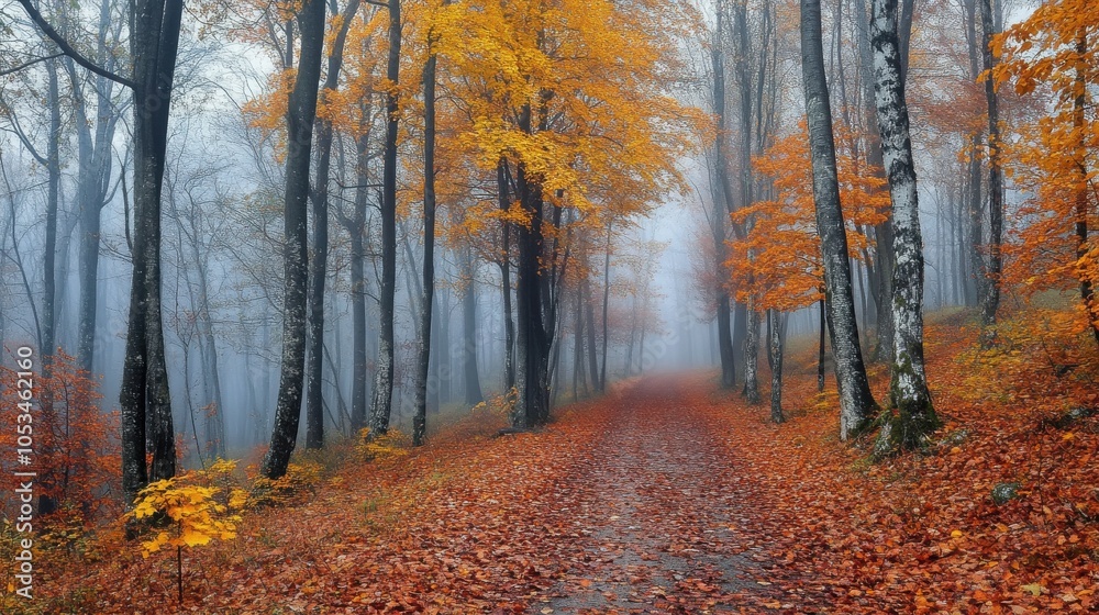 Fototapeta premium Pathway through a misty forest with autumn leaves
