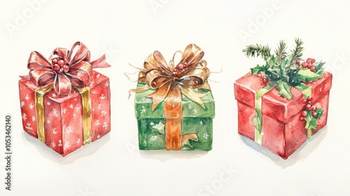 Watercolor vector hand painted set of Gift boxes,Christmas gift presents,gifts for celebration,Template, elements for greeting cards, invitation, poster, celebration, banner,sale shopping holiday.