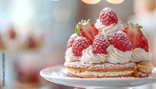 Wallpaper Mural A beautifully layered cake topped with fresh strawberries and raspberries, adorned with swirls of whipped cream and dusted with powdered sugar. Torontodigital.ca