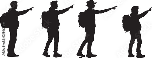 Silhouette of a traveler pointing a finger in the distance with his back full-length