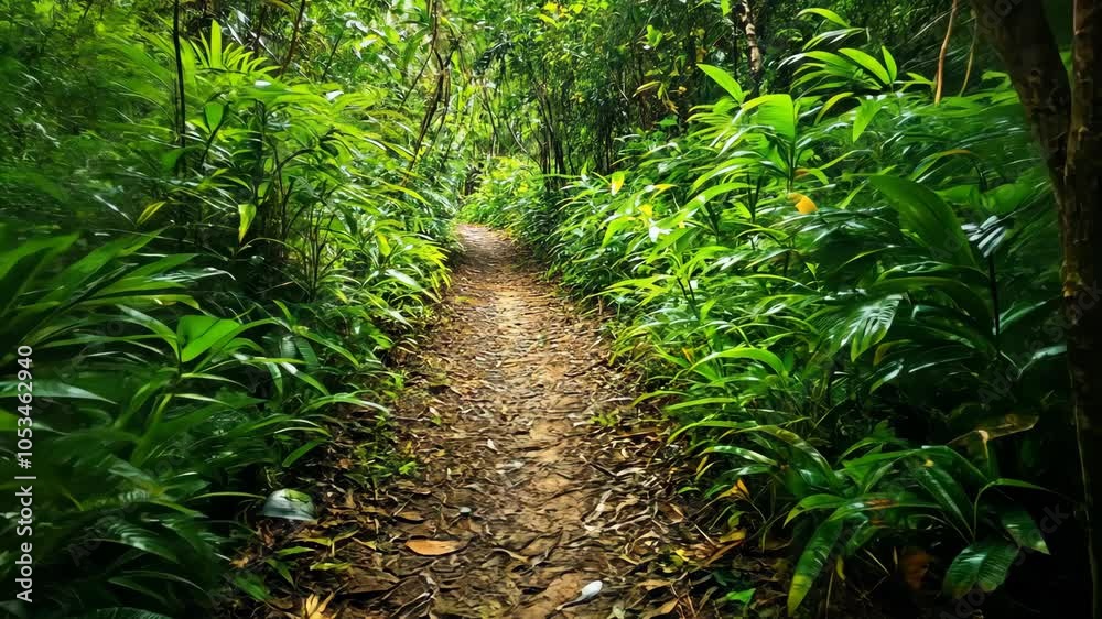 A dirt path winds through lush greenery in a tropical forest A dirt path winds through lush greenery in a tropical forest