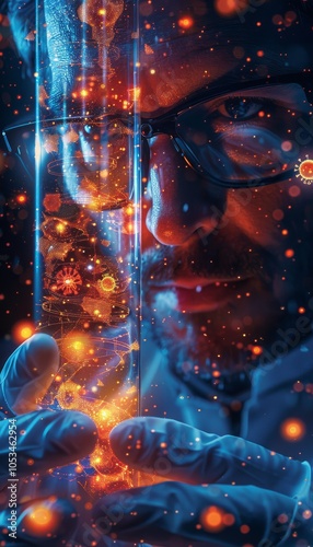 A dynamic banner hologram featuring a scientist with medical testing tubes filled with blood cells and virus samples, highlighting the forefront of pharmaceutical research and biotechnology.