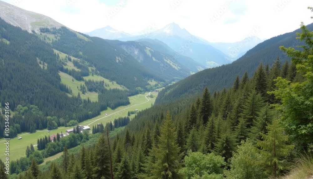 Majestic mountain vista with lush greenery and winding path Majestic mountain vista with lush greenery and winding path