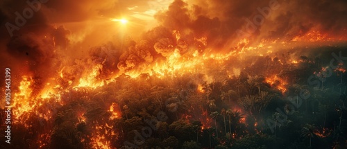 An impactful aerial view of the Amazon rainforest ablaze, capturing the urgent climate emergency and the critical need for global action against deforestation.
