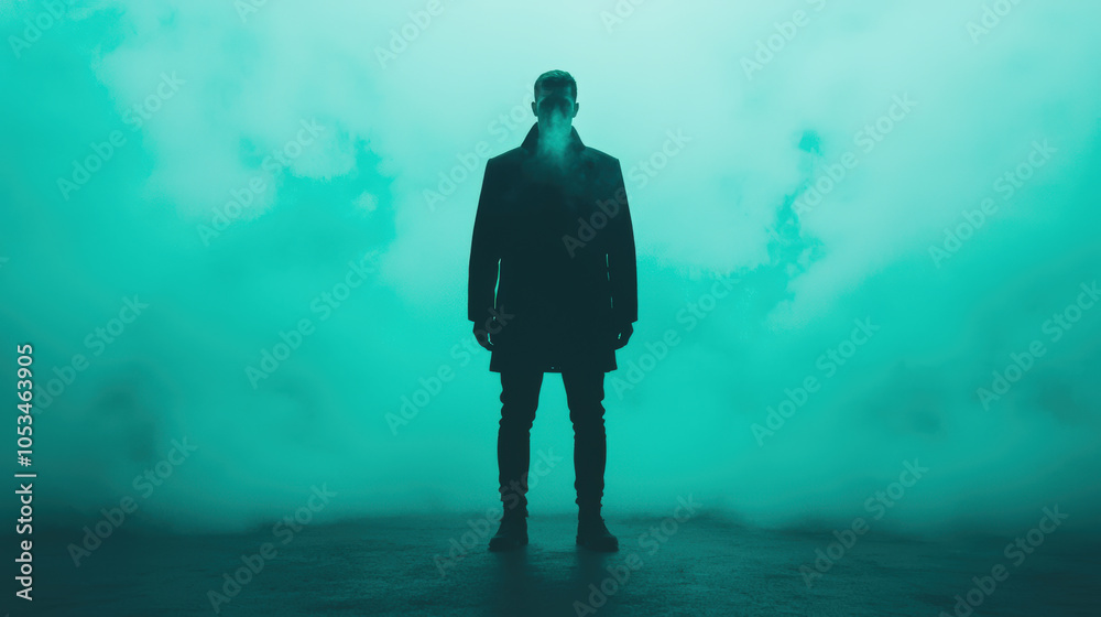 man stands in dark, surrounded by fog and illuminated by soft light, creating mysterious atmosphere. scene evokes sense of intrigue and suspense man stands in dark, surrounded by fog and illuminated by soft light, creating mysterious atmosphere. scene evokes sense of intrigue and suspense