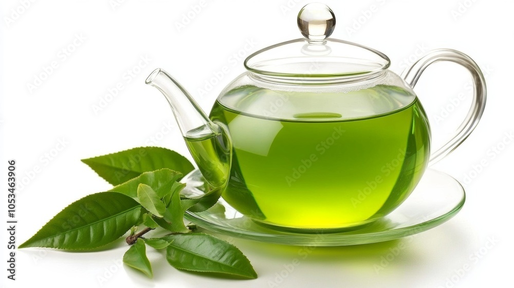 Glass Teapot with Green Tea and Fresh Leaves Glass Teapot with Green Tea and Fresh Leaves
