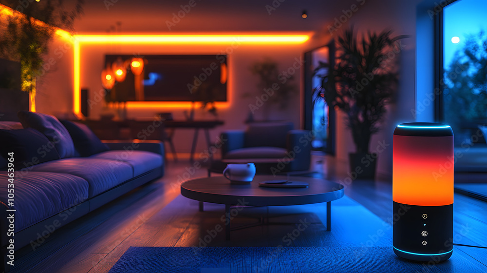 A Living Room with Smart Lights, Speakers, and an AI Assistant Displaying a Seamless Smart Home Ecosystem for Modern Living and Automation Convenience
