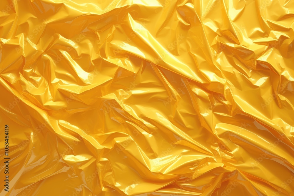 Yellow crumpled plastic. Glossy texture of crumpled plastic. Abstract background with shiny yellow folds pattern, plastic surface. Modern trend backdrop. Yellow crumpled plastic. Glossy texture of crumpled plastic. Abstract background with shiny yellow folds pattern, plastic surface. Modern trend backdrop.