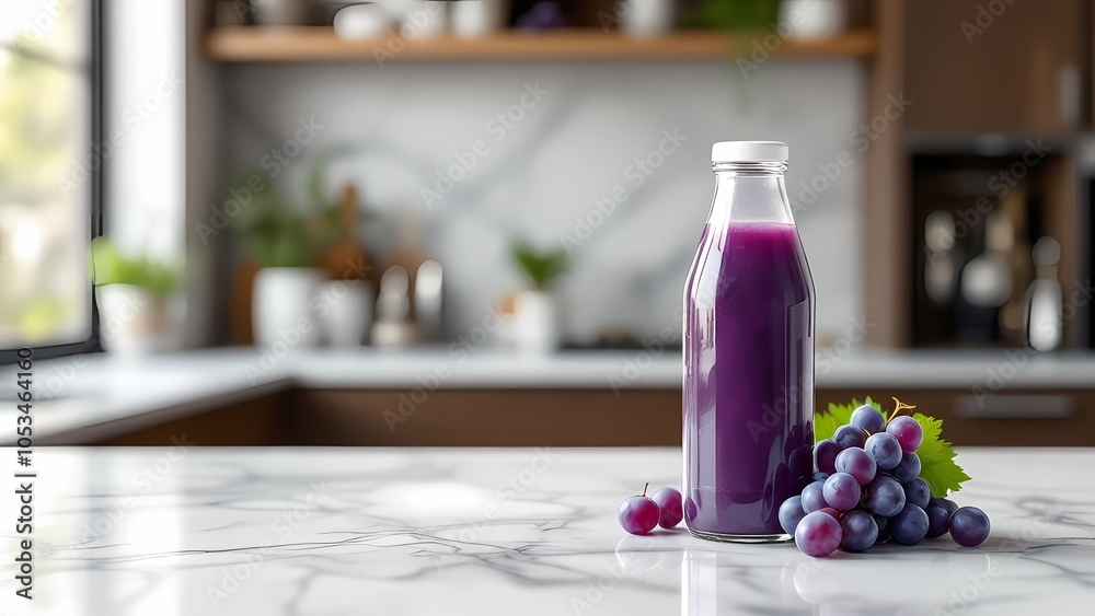 Purple juice in a bottle with grapes in a cozy kitchen setting. Purple juice in a bottle with grapes in a cozy kitchen setting.