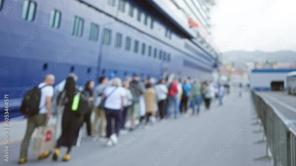 Crowd standing in blurred line outdoors by docked cruise ship at port waiting to board under bright sky in soft focus
