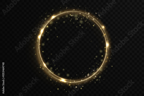 Christmas circle background with golden light neon effect. Glowing circle line with neon effect. Glowing blue circle trace. Magical glitter swirl trail effect on black background. 
