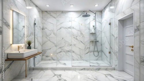 White marble tile gives a luxurious and elegant look to a bathroom shower photo