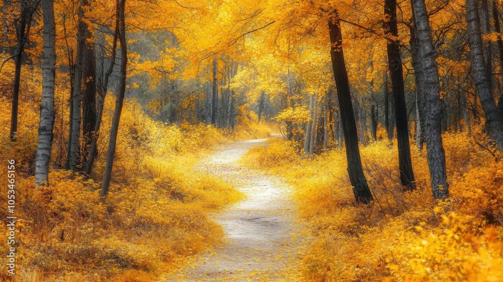 Fototapeta premium Pathway through a forest with yellow leaves