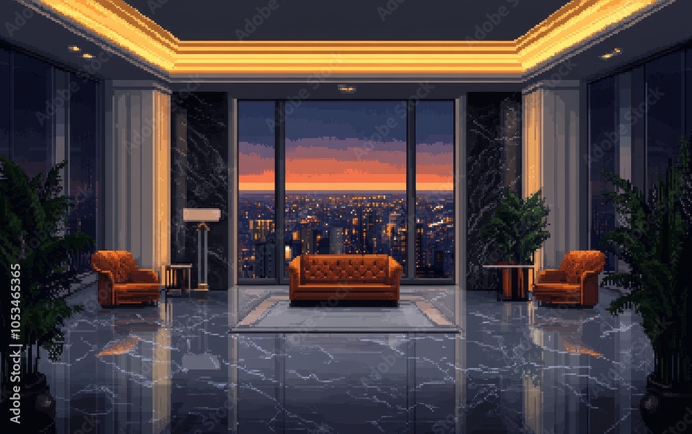 Fototapeta premium A stylish interior with a view of a city skyline at sunset, featuring elegant furniture and plants.