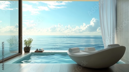 Oceanview Luxury Spa Retreat: Tranquil indoor pool with stunning ocean backdrop. Serene escape, relaxation, and rejuvenation.  