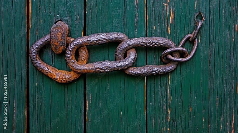 Rusty Chain Links on Weathered Green Wooden Door Rusty Chain Links on Weathered Green Wooden Door