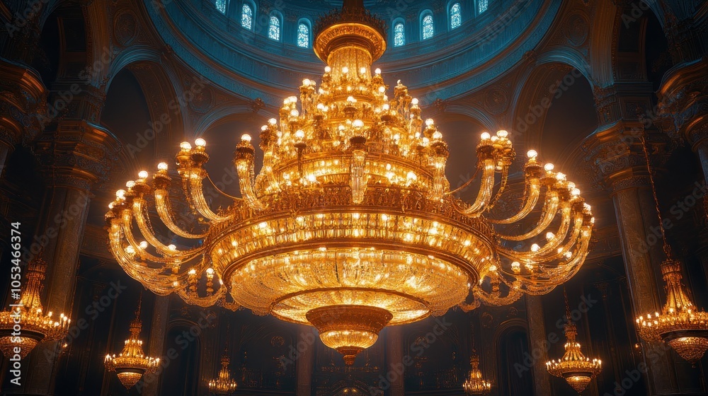 Obraz premium A large, ornate chandelier hangs from the ceiling of a grand building.