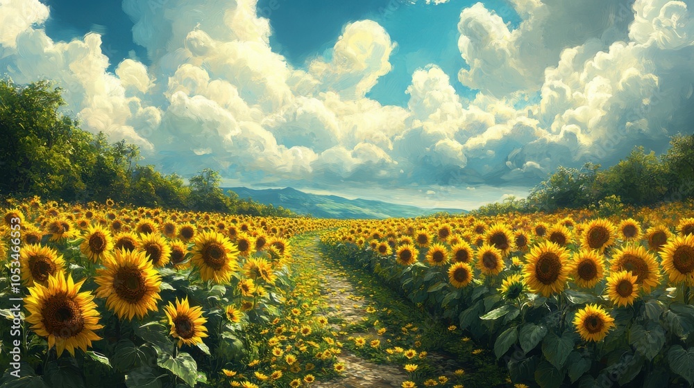 Fototapeta premium Pathway through a sunflower field