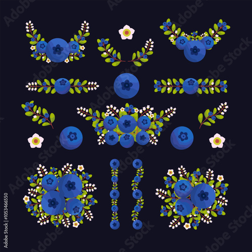Isolated blueberry flowers wreath with branch and leaves. Vector bouquet and decorative elements. Blooming floral material for graphic design