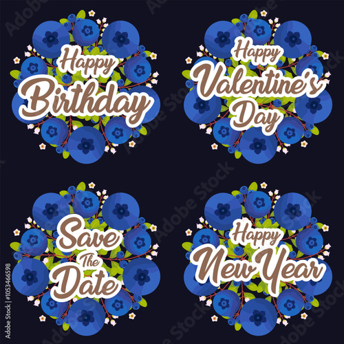 Vector blueberry flower greeting text template for birthday, valentine day and happy new year