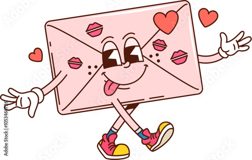 Cartoon retro groovy valentine day envelope character with kisses and hearts. Isolated vector vintage holiday mail or letter personage experience joy and affection, romantic symbol or love message