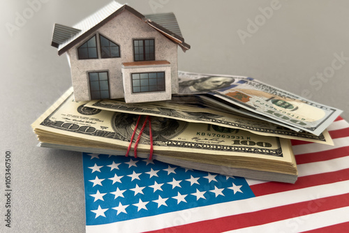 Dollar banknotes and USA national flag. paper house photo