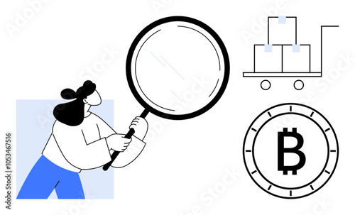 Woman holding magnifying glass examines supply chain logistics with a cart of boxes and a blockchain symbol. Ideal for supply chain management, blockchain technology, logistics, inventory control