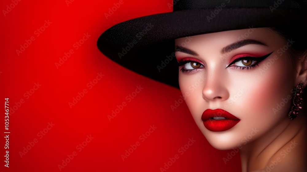 A glamorous portrait of a woman with striking makeup and a hat against a bold red background. A glamorous portrait of a woman with striking makeup and a hat against a bold red background.