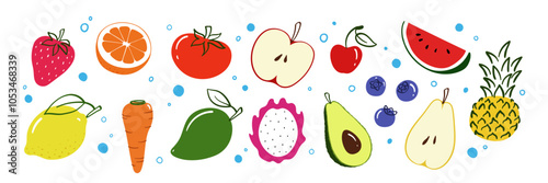 Fruits and vegetables for juices vector illustration set