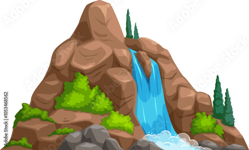 Mountain waterfall with forest trees of prehistoric dinosaur era landscape, vector game asset. Cartoon nature environment of waterfall or river cascade on mountain rock and water stream for game scene
