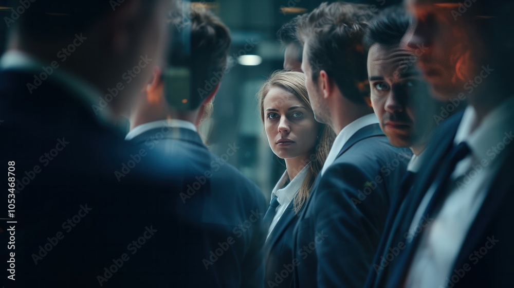 An abstract close-up of a blurred reflection in a mirror depicting a group of professionals looking disappointed after a failed negotiation. An abstract close-up of a blurred reflection in a mirror depicting a group of professionals looking disappointed after a failed negotiation.