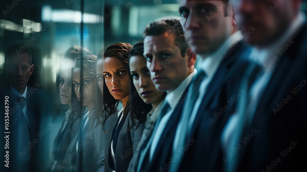 An abstract close-up of a blurred reflection in a mirror depicting a group of professionals looking disappointed after a failed negotiation.