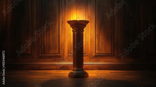 Polished wooden pedestal with a classic design, illuminated by soft lighting.