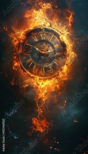 Explore the abstract concept of time wasting as the clock ticks away, with metaphorical flames of urgency engulfing the end of time, reminding us of life's finite nature. photo