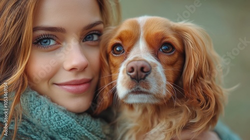 A woman is holding a dog with a brown and white coat. Generative AI