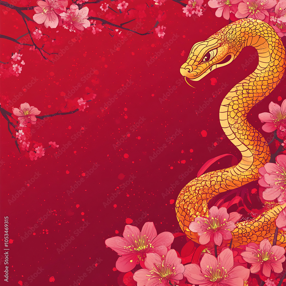 Obraz premium A vibrant snake coiled among delicate cherry blossoms against a rich red background