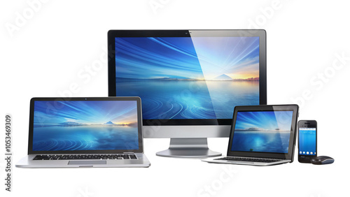 A set of different gadgets on a table, a white background.