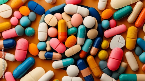 A pile of colorful pills and capsules on an orange background